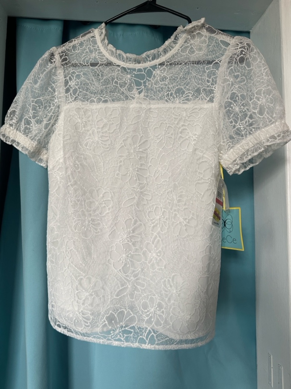 CeCe Garden Romance New Ivory Floral Lace Puff-Sleeve Blouse